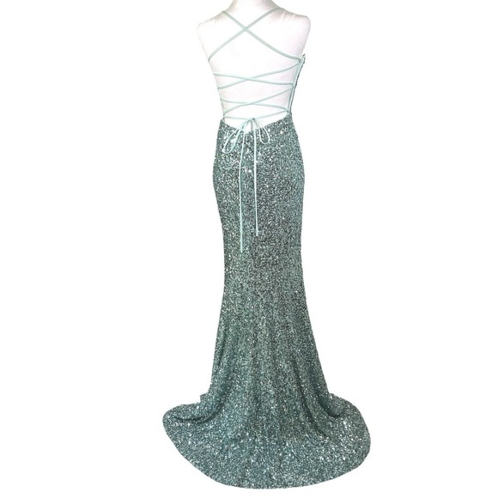 Sophia Thomas Formal Full Sequin Dress Size 0 Adjustable Prom Homecoming Mint Gr - Picture 4 of 9
